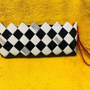Nahui Ollin Clutch Bag Purse Recycled Candy Wrapper  Black White Red Zig Zag